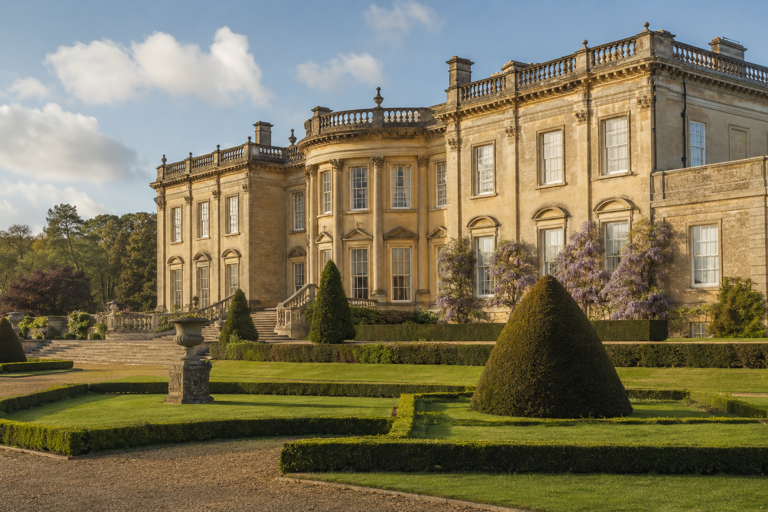 The south front of a Derbyshire country house in soft afternoon light