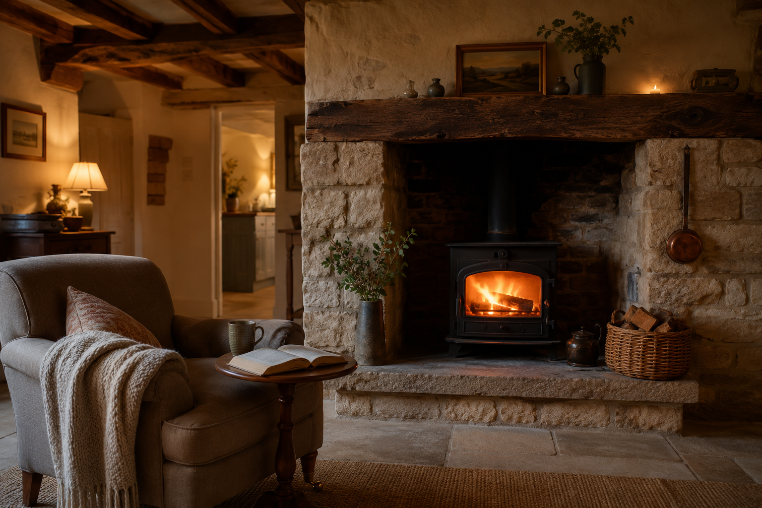 A warmly lit Derbyshire cottage interior with woodburner and books
