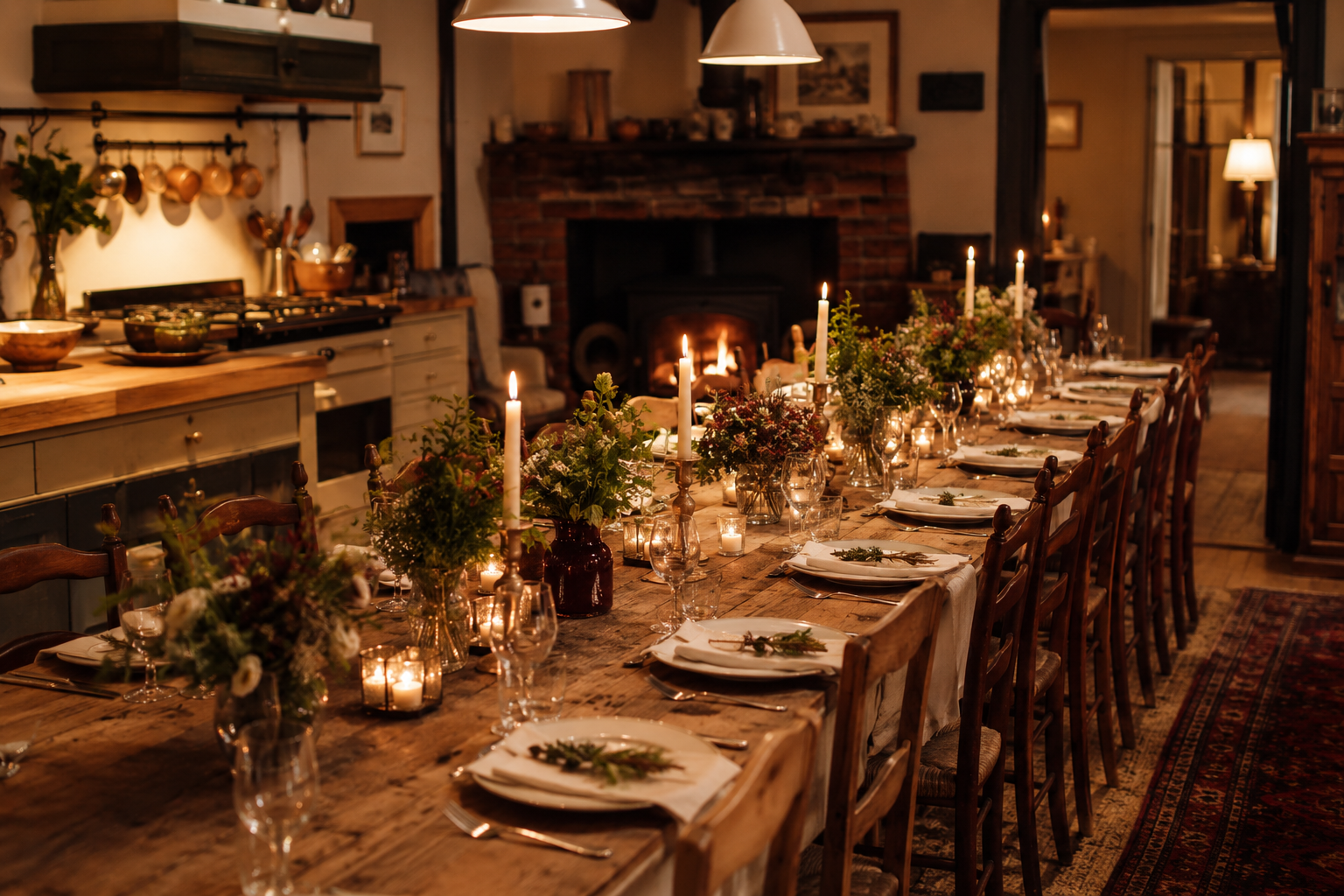 An extended family table set for an outdoor lunch under string lights